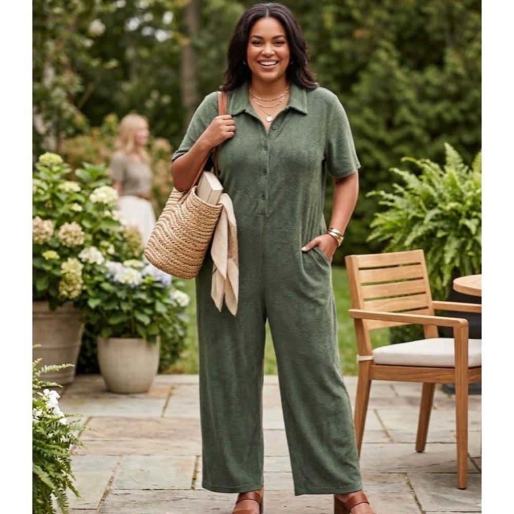 New Pretty Little Thing Plus Army Green Terry Towelling Wide Leg Jumpsuit 24